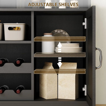 Ataucjin Farmhouse Coffee Bar Cabinet with Wine Rack,47''Coffee Bar Station with Power Outlet & Goblet Holder,Hutch Storage Cabinet with Glass Racks & 5 Hooks Sideboard Cabinets for Dining Living Room