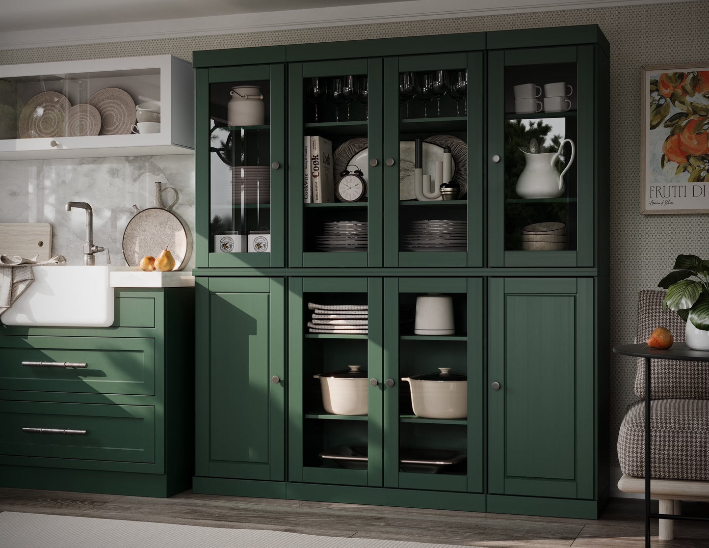 Palace Imports 100% Solid Wood Kitchen Pantry Storage Cabinet with Glass Doors and Adjustable Shelves, Black