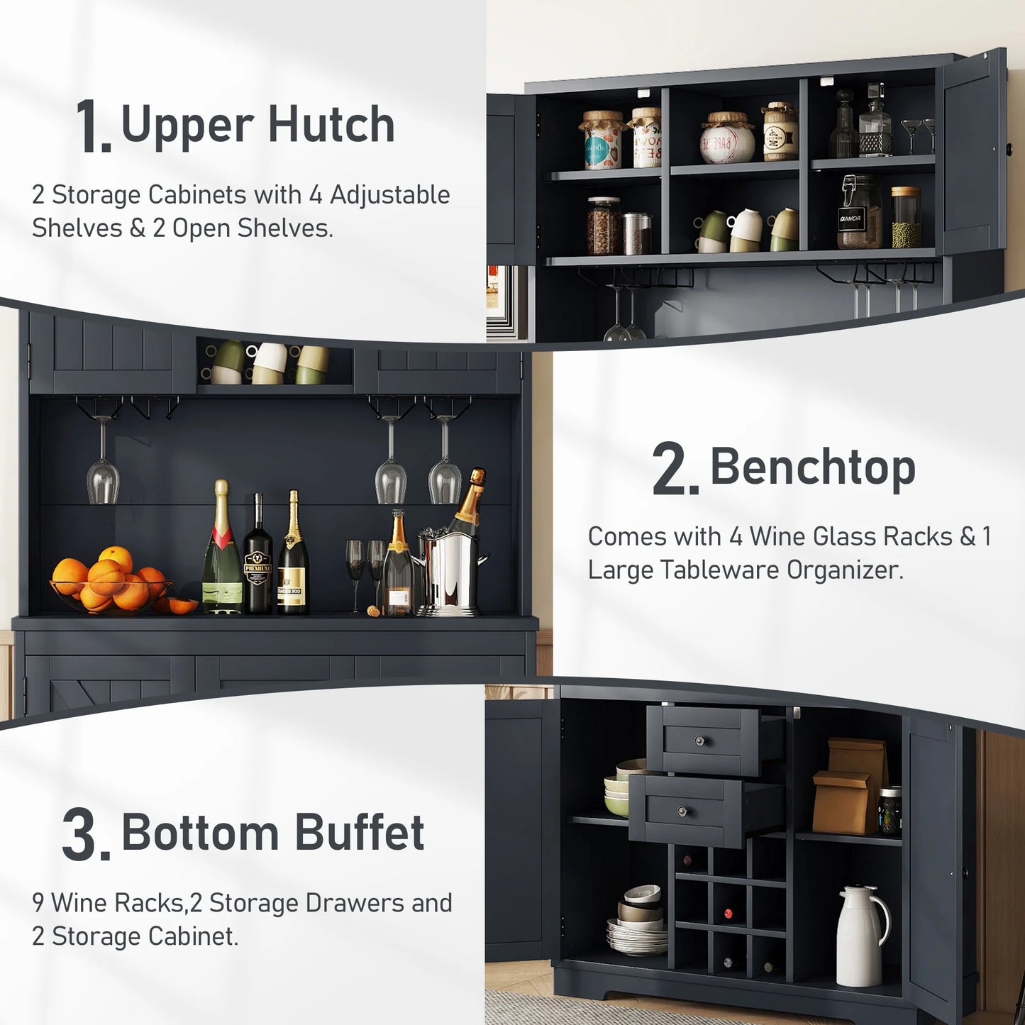 Bellemave 73.8"H Farmhouse Coffee Bar Cabinet with Shelves and Drawers Buffet Cabinet Wine Cabinet with Glass Holder and Wine Rack Tall Kitchen Cabinet for Dining Room, Antique Blue