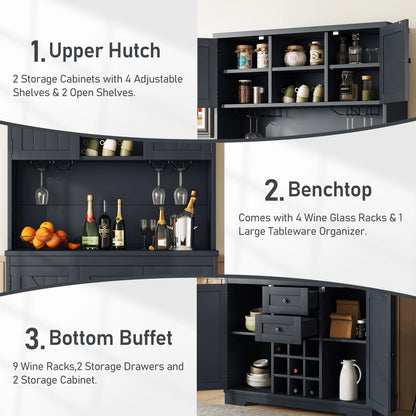 Bellemave 73.8"H Farmhouse Coffee Bar Cabinet with Shelves and Drawers Buffet Cabinet Wine Cabinet with Glass Holder and Wine Rack Tall Kitchen Cabinet for Dining Room, Antique Blue