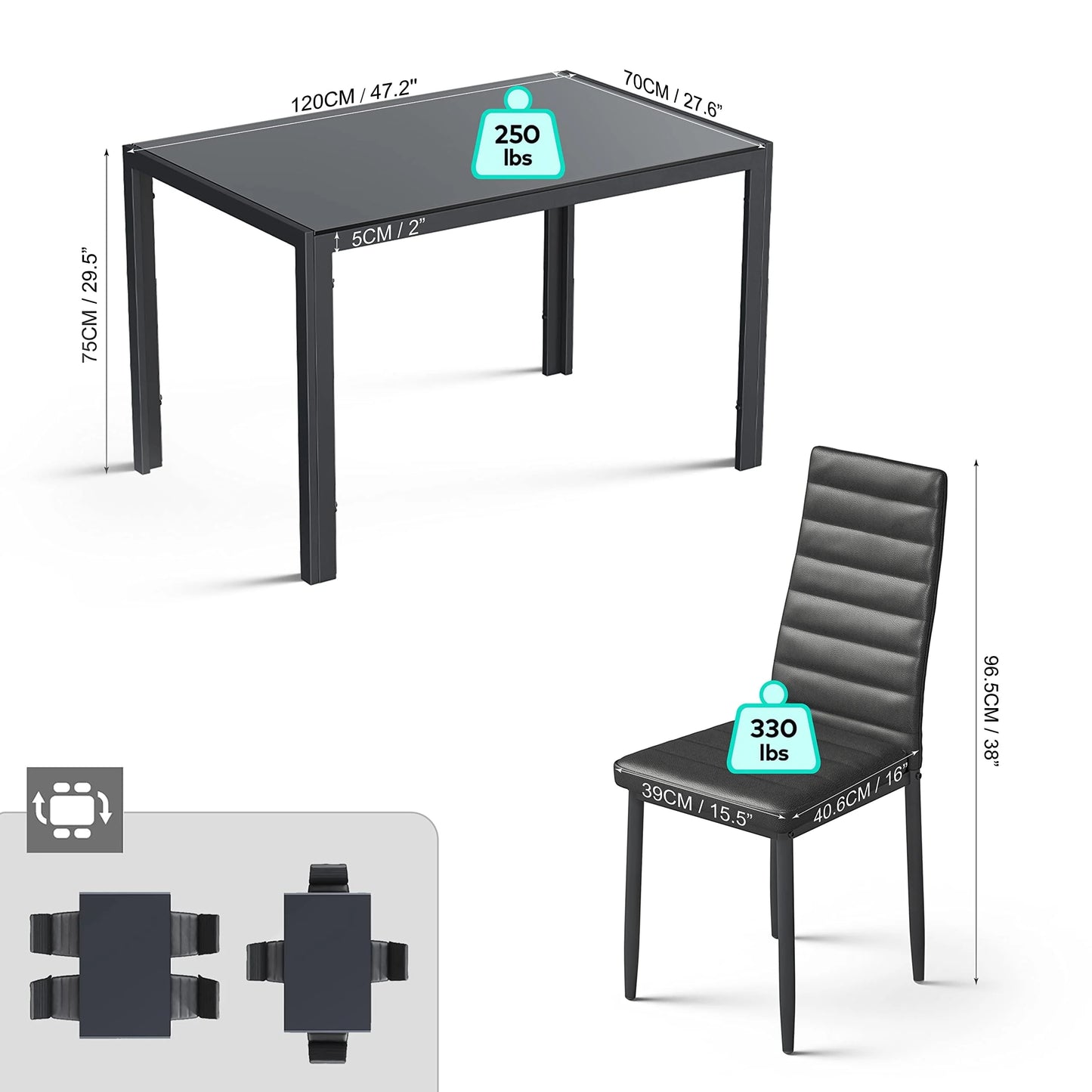 Lofka Glass Dining Table Set for 4, Dining Room Sets with 4 Back Support Chairs for Dinner, Black