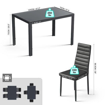 Lofka Glass Dining Table Set for 4, Dining Room Sets with 4 Back Support Chairs for Dinner, Black