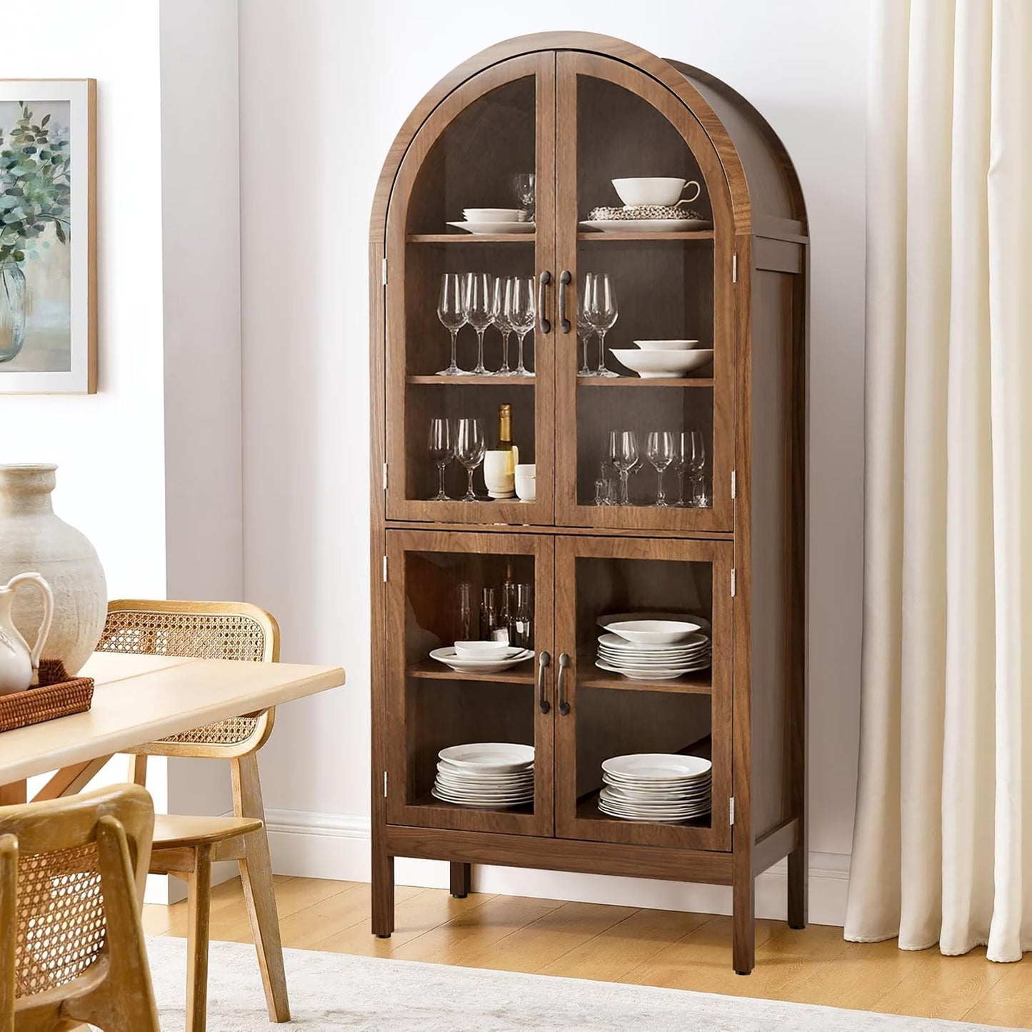 Tall Arched Storage Display Cabinet 5-Shelf with Acrylic Glass Doors, Kitchen Pantry Storage Cabinet Accent Cabinet Bookcase for Living Dining Room