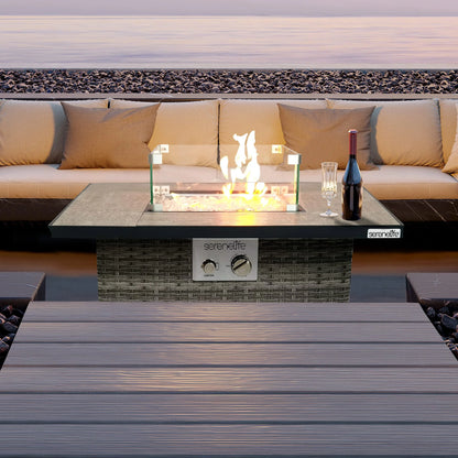 SereneLife Propane Fire Pit Table, 50000 BTU CSA/ETL Certified Safe Gas Table with Sturdy Wicker Base, Stainless Steel Burner, Glass Wind Guard & Cover, Outdoor Fireplaces for Parties