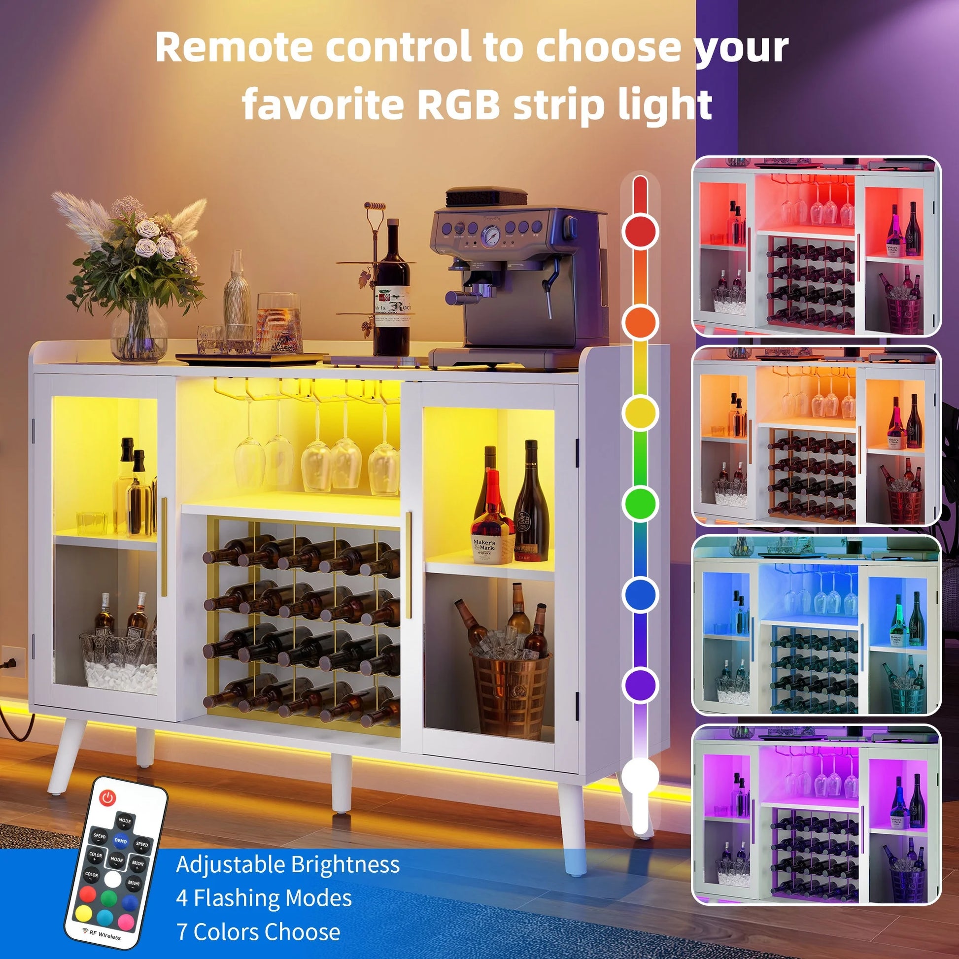 DEXTRUS Wine Bar Cabinet with Power Outlet & LED Light, Cabinet with Wine Rack & Glass Holder, White