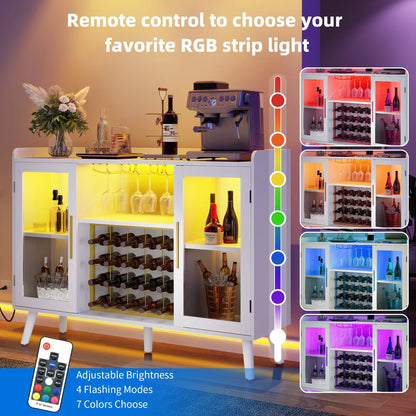 DEXTRUS Wine Bar Cabinet with Power Outlet & LED Light, Cabinet with Wine Rack & Glass Holder, White