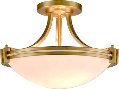 Claxy 3-Light Gold Semi Flush Mount Light with Bowl Milk Glass Shade