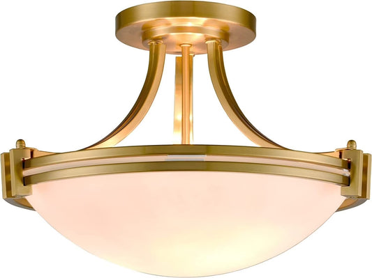 Claxy 3-Light Gold Semi Flush Mount Light with Bowl Milk Glass Shade