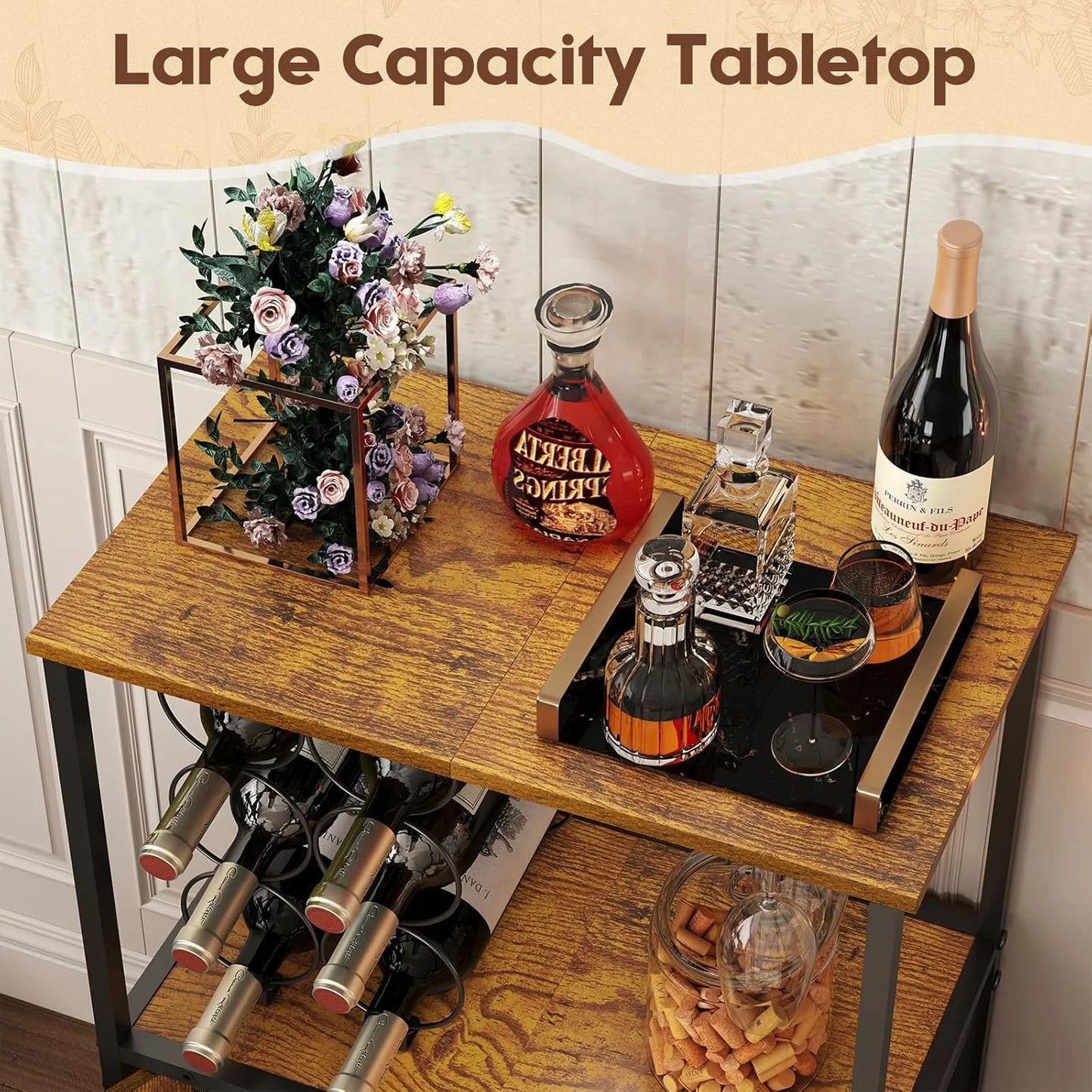 Bar Cabinet with Detachable Wine Rack, Liquor Stand for Home Bar, Mini Table with Glass Holder, Small Sideboard with Mesh Door, Storage Cabinet for Wine, Whiskey, Rustic Brown