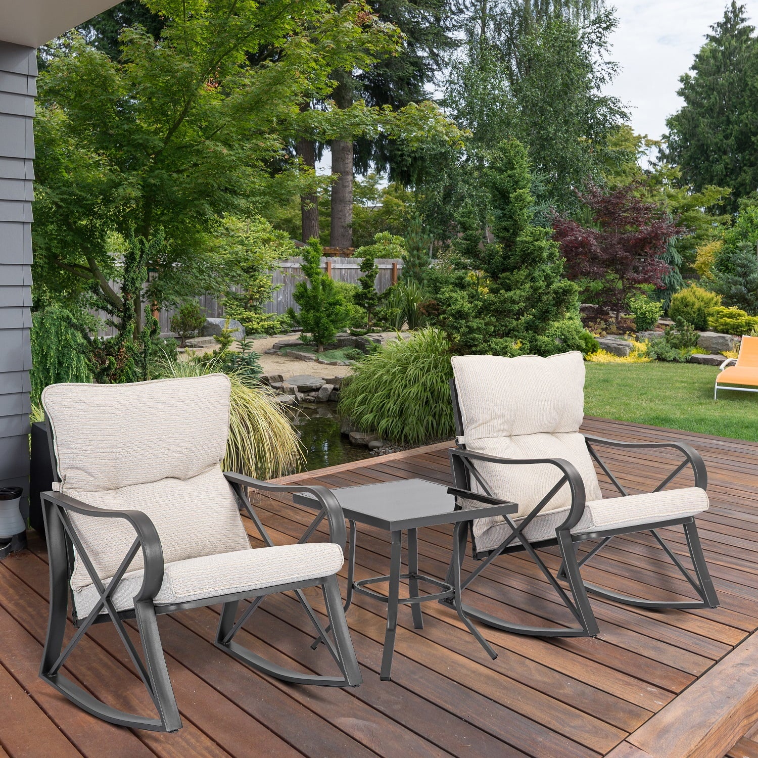 COSIEST 3 Piece Rocking Chair Bistro Set, Patio Outdoor Furniture w Cushions, Glass-Top Table