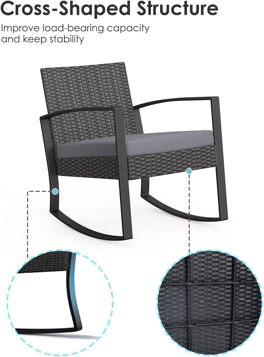 Patio Chairs Set, Outdoor Porch Balcony Furniture Set with Glass Coffee Table, Patio Rocking Wicker Chairs Set with Gray Cushion(Upgraded)