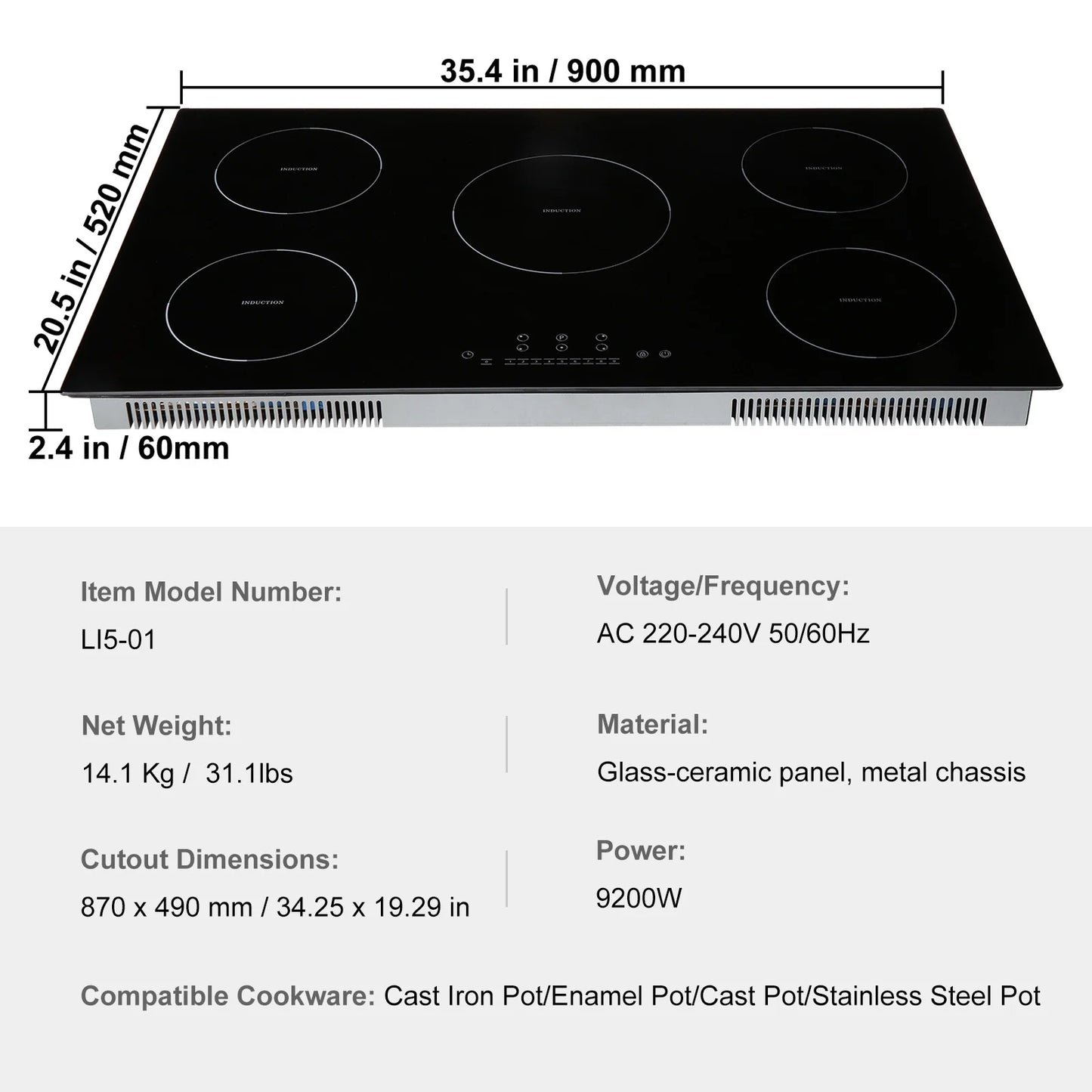 KFFKFF 36in Electric Cooktop, 5 Burners Ceramic Glass Stove Top Touch Control 9200W, 9 Heating Level Multifunctional Burner