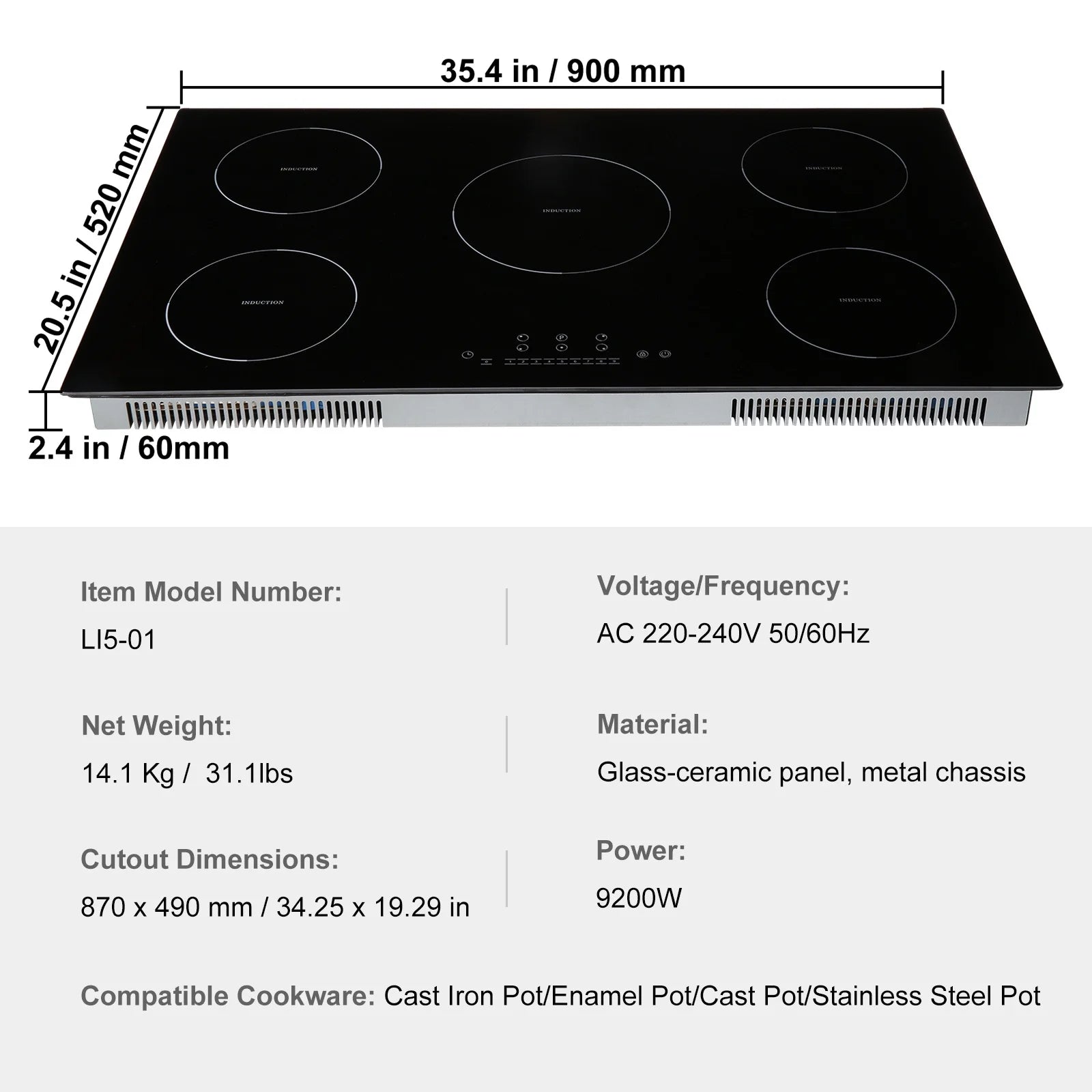 KFFKFF 36in Electric Cooktop, 5 Burners Ceramic Glass Stove Top Touch Control 9200W, 9 Heating Level Multifunctional Burner