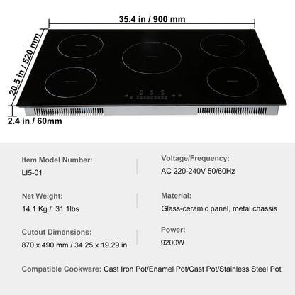 KFFKFF 36in Electric Cooktop, 5 Burners Ceramic Glass Stove Top Touch Control 9200W, 9 Heating Level Multifunctional Burner