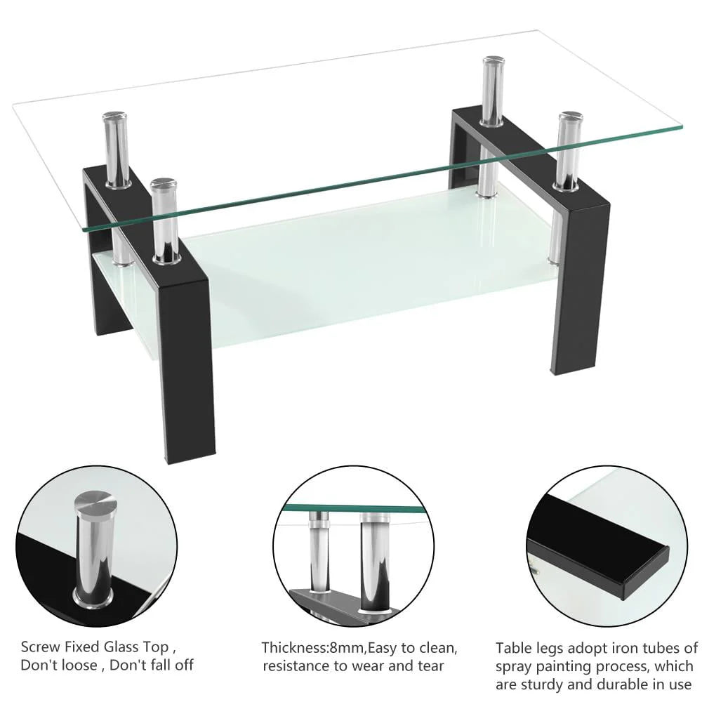 Ktaxon Rectangular Glass Coffee Table Shelf Wood Living Room Furniture Chrome Base,Black