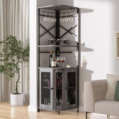 Frmobepts 6 Tier Corner Bar Cabinet with Glass Holder, Storage Cabinet with Door and Shelves , Corner Shelf with Wine Rack Display Shelves,Grey
