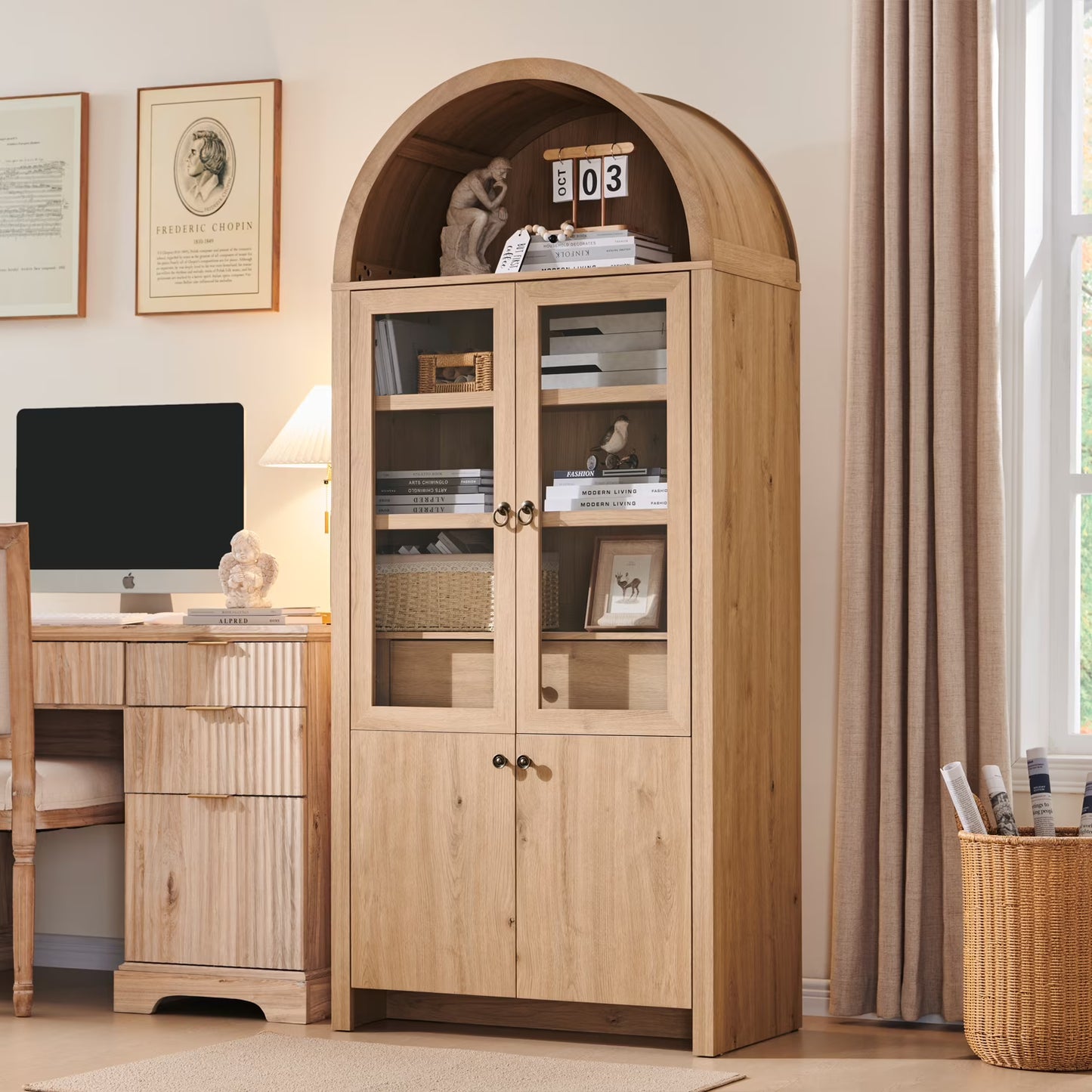 IFGET 71-Inch Arched 4-Tier Bookcase with Glass Doors and Drawers