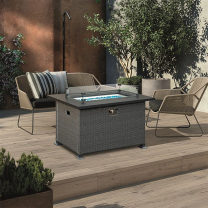 Outdoor Gas Fire Pit, SYNGAR 43 inch 50,000 BTU Auto-Ignition Propane Fire Pit Table with Glass Wind Guard, Volcanic Stones and Lid, 2-in-1 Fire Pit Table for Patio, Garden, Backyard, Deck, Poolside