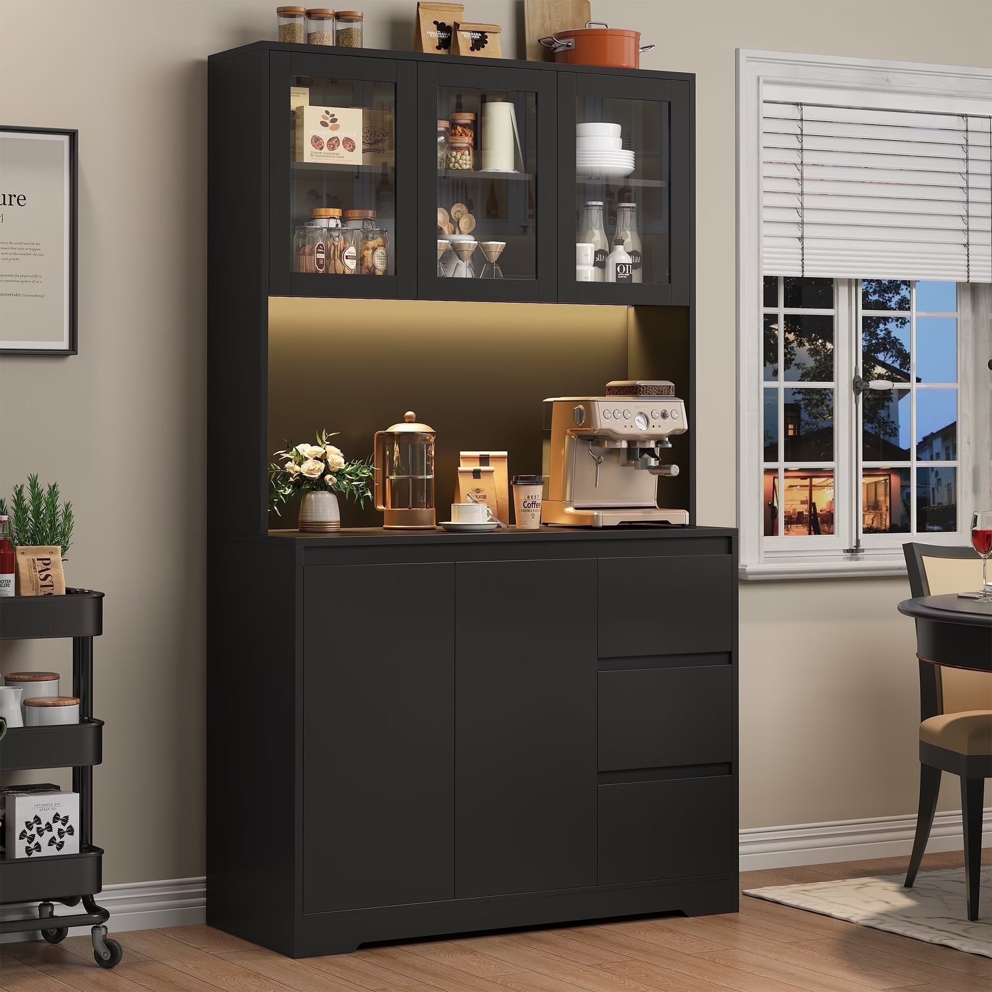 Homfa 70.9'' Kitchen Pantry Cabinet with Charging Station and LED Light, 3 Drawers Buffet Storage Cabinet with Glass Doors and Adjustable Shelves, White