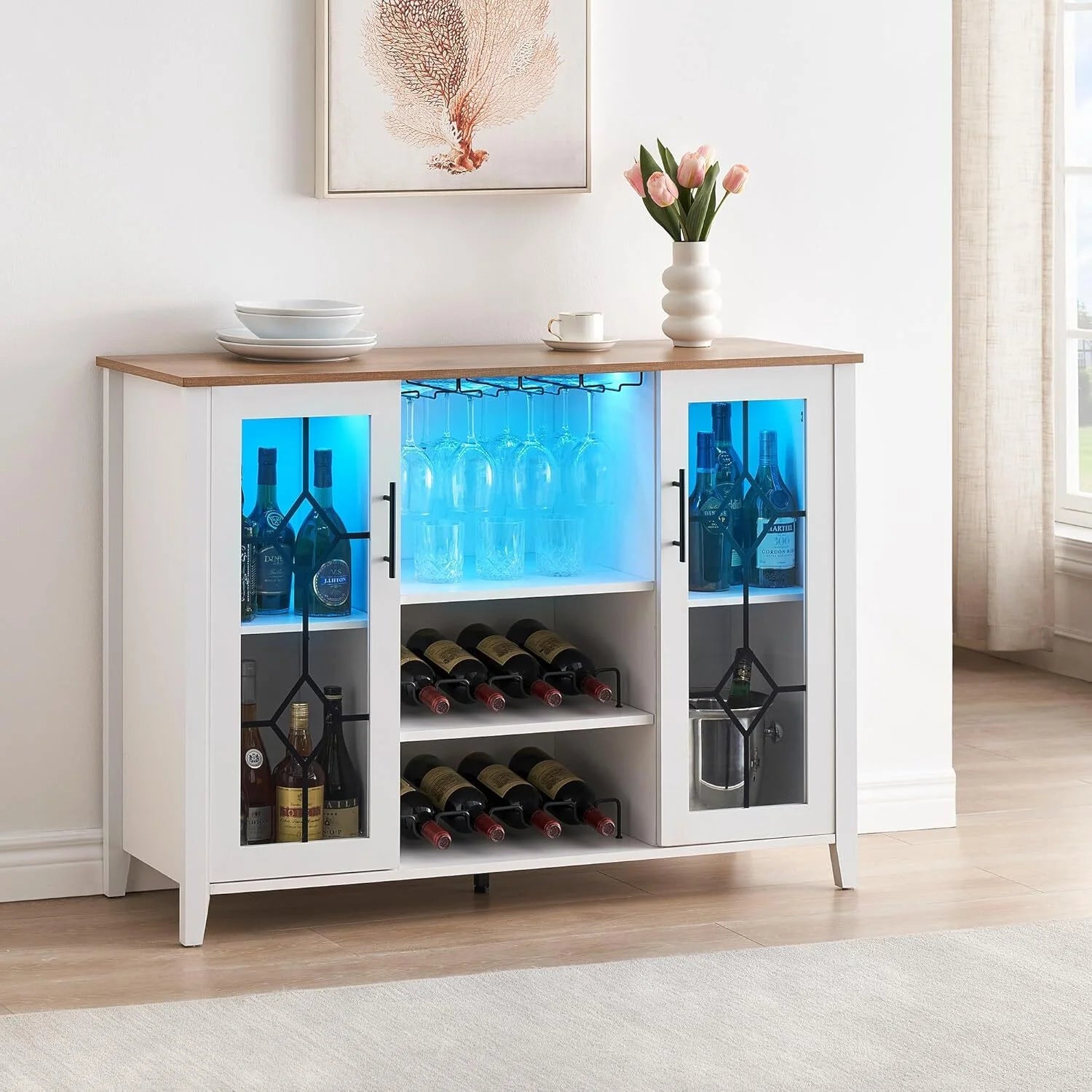 FOLDLIFE Wine Bar Cabinet with LED Lights, Liquor Cabinet Bar with Storage Cabinet, Coffee Cabinet with Bottles and Glass Rack, Buffet Sideboard with Storage Cabinet& Drawers,Dark Grey