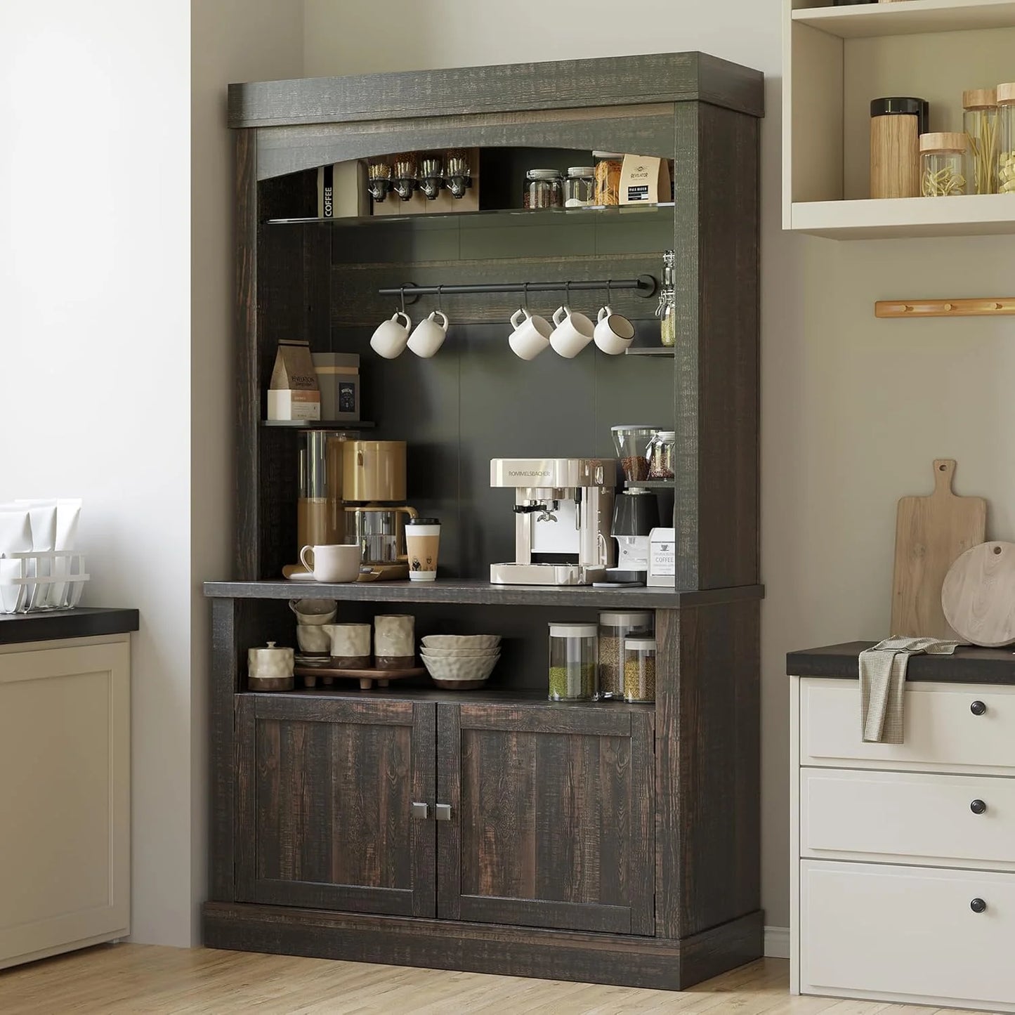 GarveeHome 72" Tall Coffee Bar Cabinet with LED Lights, Farmhouse Buffet Cabinet with Storage, Kitchen Sideboard with Microwave Stand, Wine Rack, and Glass Shelf for Dining Room, Dark Oak