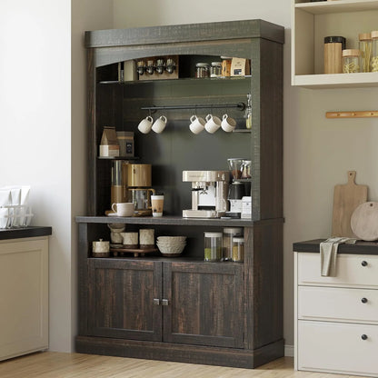 GarveeHome 72" Tall Coffee Bar Cabinet with LED Lights, Farmhouse Buffet Cabinet with Storage, Kitchen Sideboard with Microwave Stand, Wine Rack, and Glass Shelf for Dining Room, Dark Oak