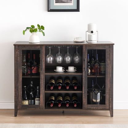 Garvee Farmhouse Wine Bar Cabinet with LED Lights, Coffee Bar Cabinet with Wine and Glasses Rack, Buffet Sideboard with Storage, Liquor Cabinet for Bar, Kitchen, Dining Room, Dark Oak