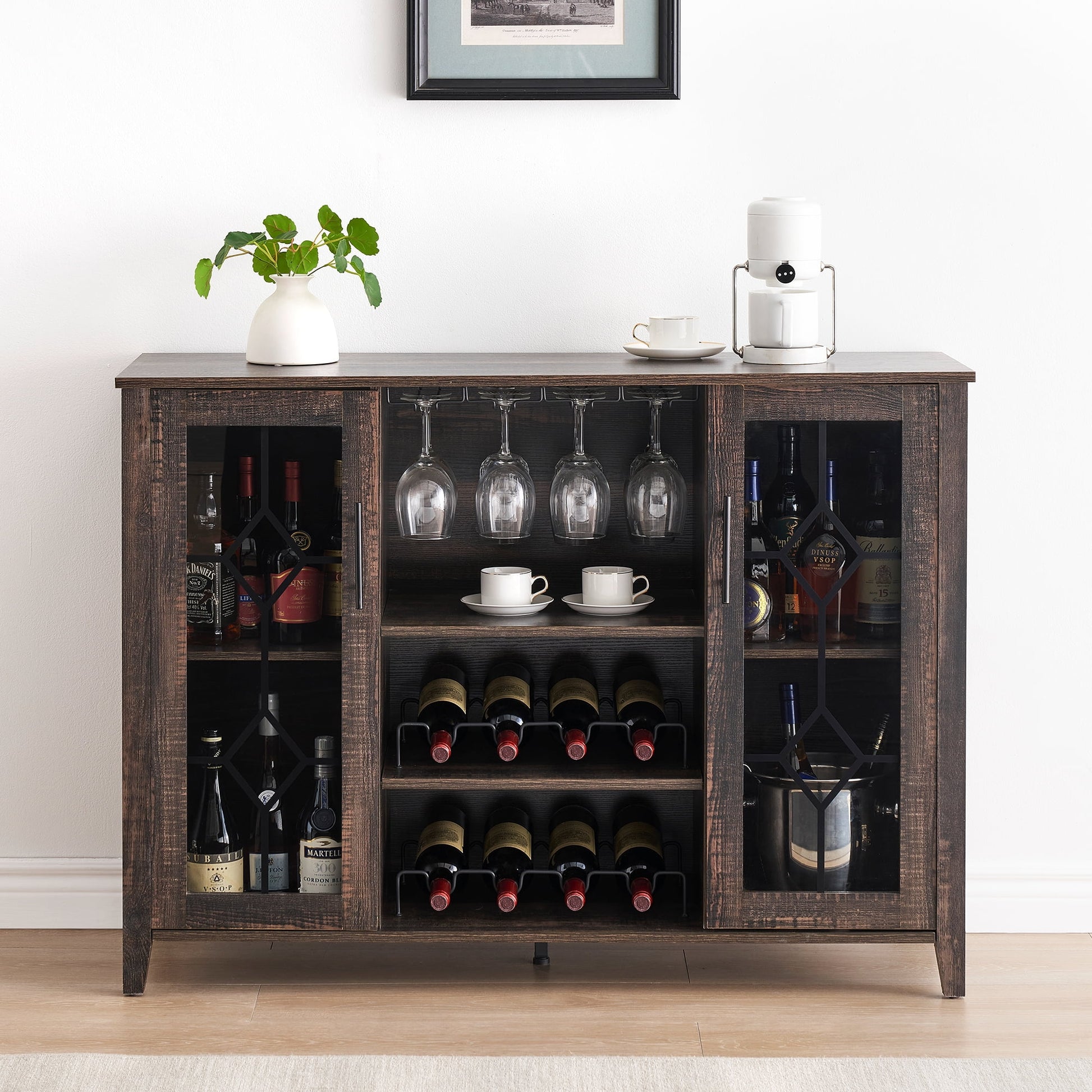 Huloretions Wine Bar Cabinet with LED Light,Modern Liquor Cabinet,Kitchen Buffet Sideboard with Storage Cabinet& Drawers,Coffee Cabinet with Wine and Glass Rack for Home