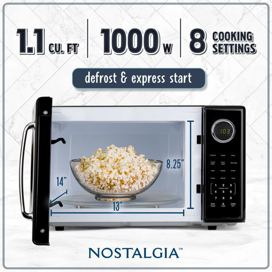 Nostalgia Retro Microwave Oven - 1.1 Cu Ft & 1000-Watt Countertop Size with Glass Turntable, Child Safety Lock, 8 Auto-Cook Programs & Digital Clock - Black