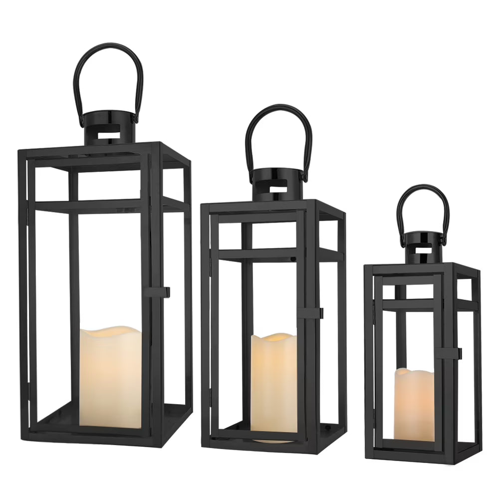 Stainless Steel Lantern Set of 3 12/15/19" Metal Lanterns with Tempered Glass for Parties & Events (Silver )