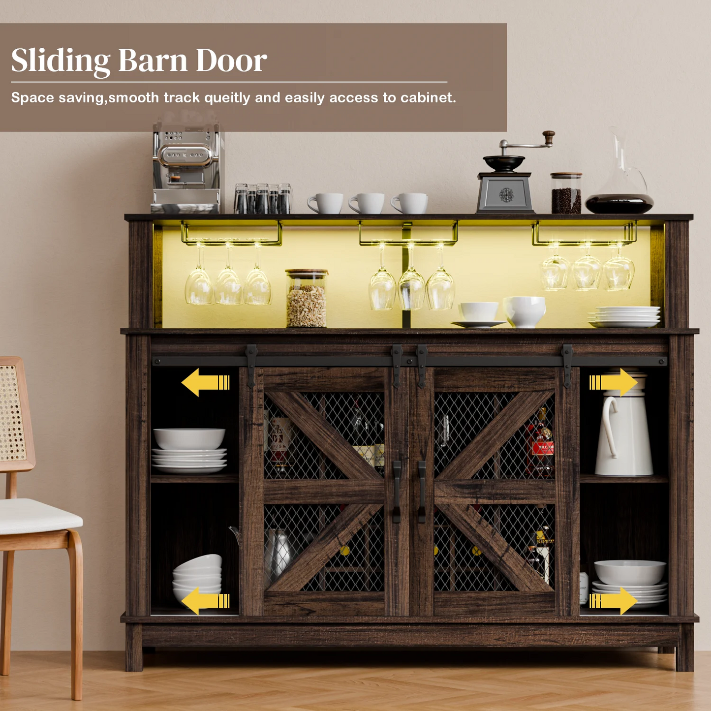 Waleaf Farmhouse Coffee Bar Cabinet with LED Lights, 55" Wine Bar Buffet Cabinet w/Sliding Barn Door & Wine and Glass Rack for Dining Room
