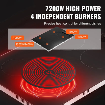 KFFKFF Built-in 4 Burner Electric Cooktop, 7200W Electric Range, 30" Electric Cooktop with Glass Surface, Knob Control, 11 Temperature Settings, 220-240V, Direct Wiring Required
