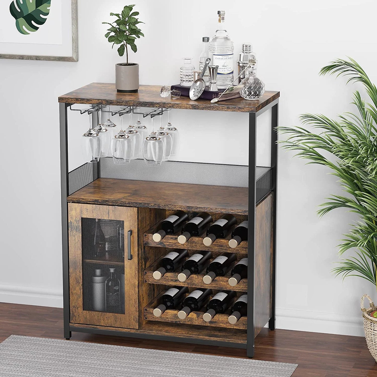 Yesfashion Wine Bar Cabinet with Glass Holder, ABS Rustic Brown