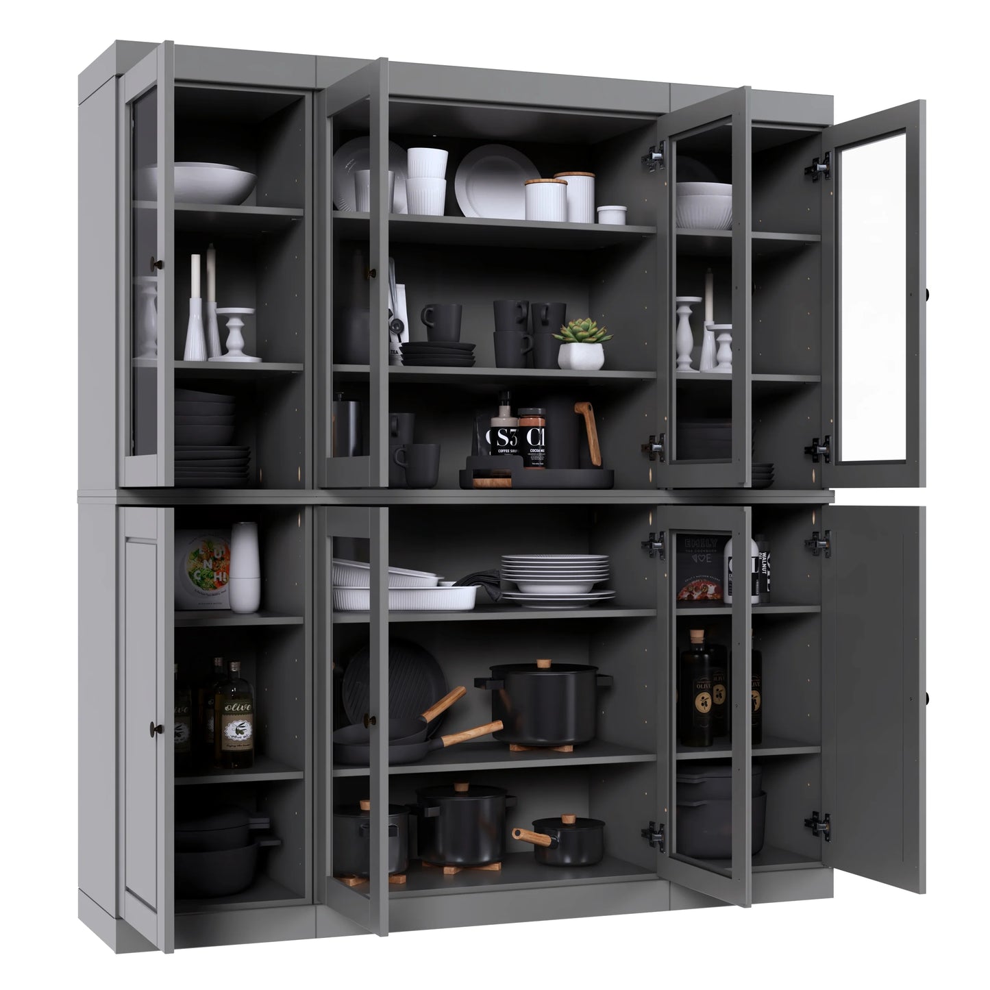 Palace Imports 100% Solid Wood Kitchen Pantry Storage Cabinet with Glass Doors and Adjustable Shelves, Black