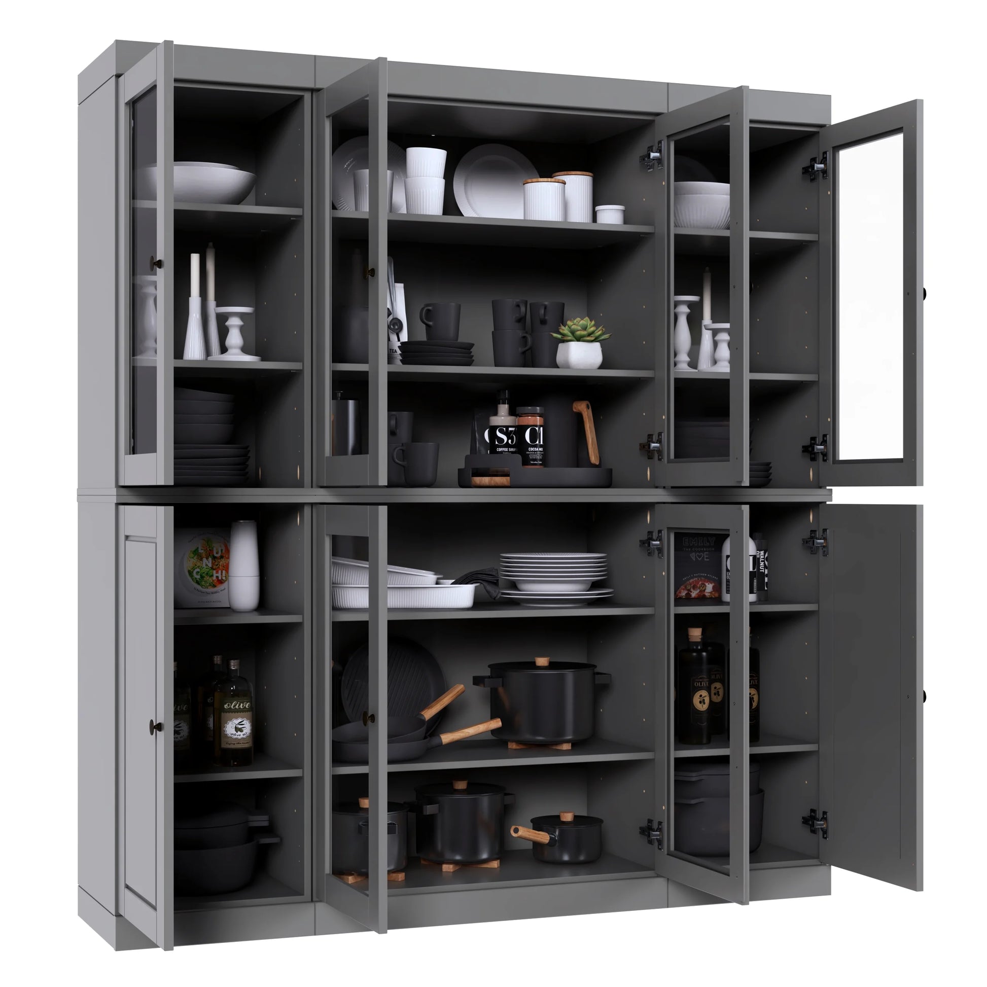 Palace Imports 100% Solid Wood Kitchen Pantry Storage Cabinet with Glass Doors and Adjustable Shelves, Black