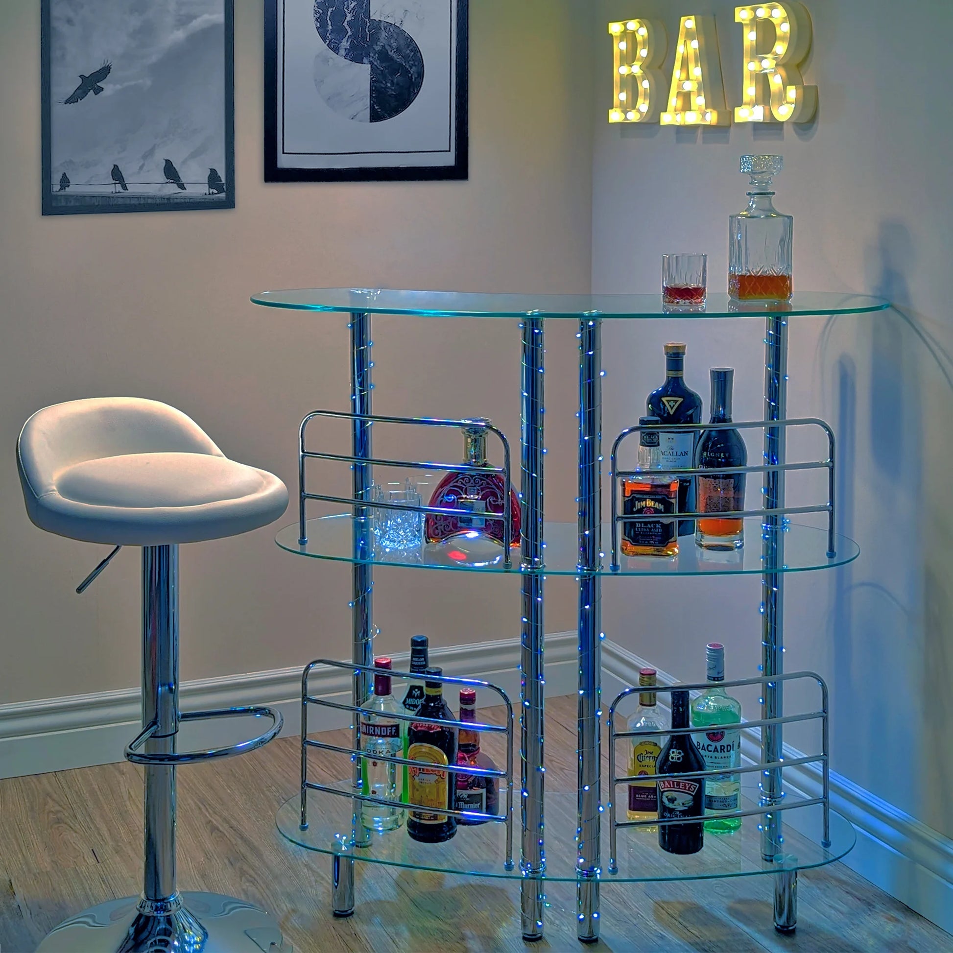 Mango Steam Contemporary Home Bar Liquor Table | Modern Clear Tempered Glass Shelves | 41" H x 47" L x 13.6" D
