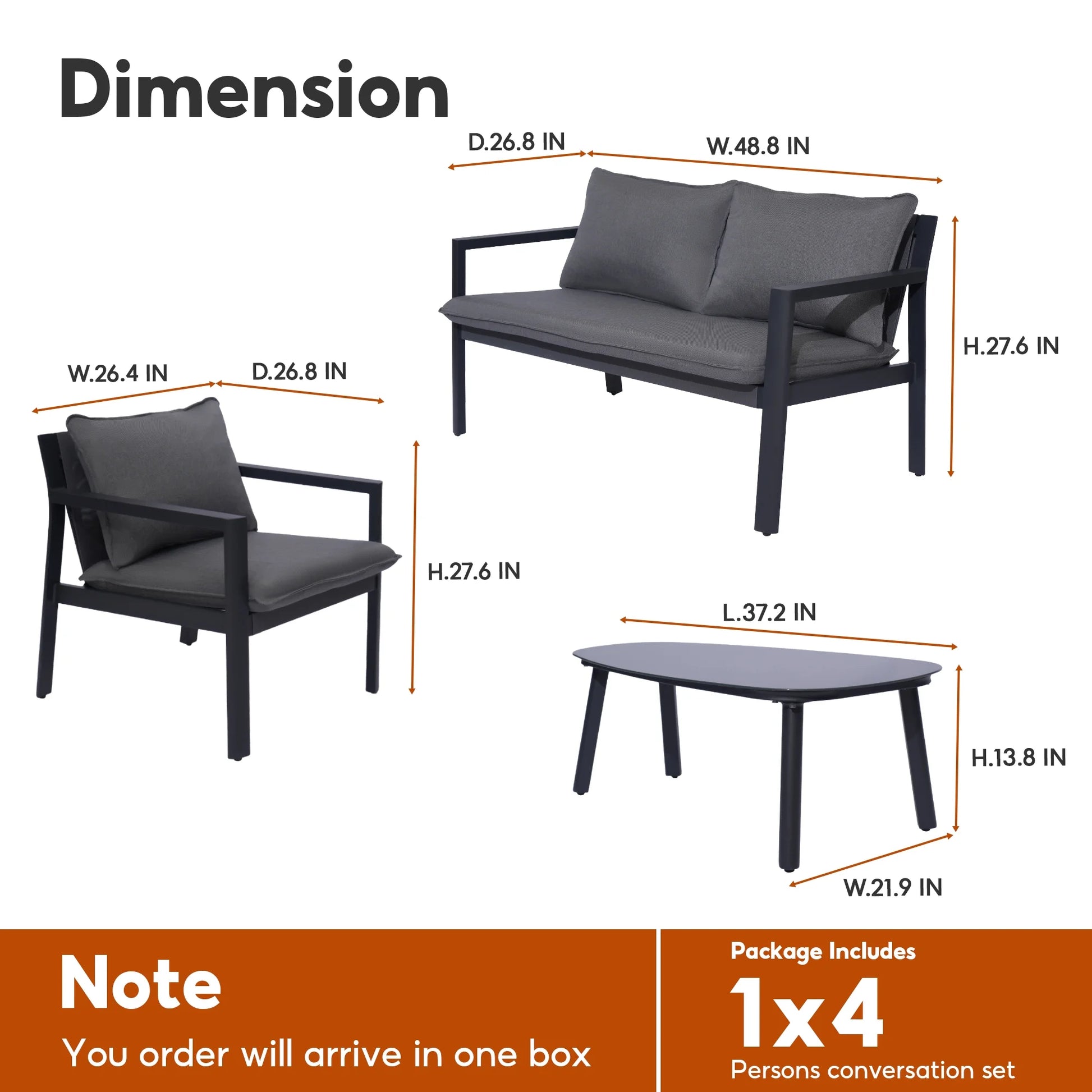 Letsout 4-Piece Aluminum Outdoor Conversation Sets with Detachable Cushions and Tempered Glass Table, Dark Grey/Gray