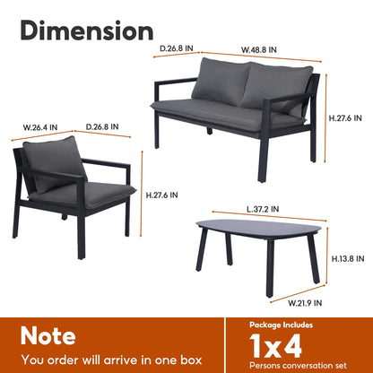 Letsout 4-Piece Aluminum Outdoor Conversation Sets with Detachable Cushions and Tempered Glass Table, Dark Grey/Gray