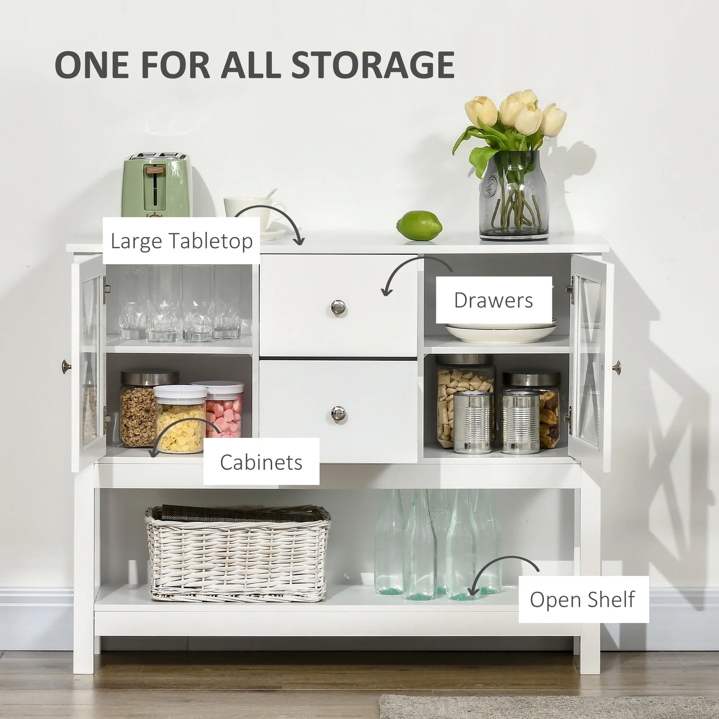 HOMCOM Coffee Bar Cabinet, Sideboard Buffet Cabinet, Kitchen Cabinet with Storage Drawers and Glass Door for Living Room, Entryway, White