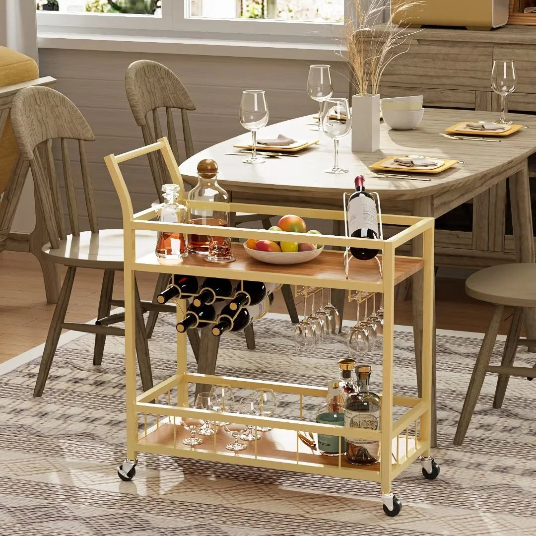 Vineego Bar Cart Home Industrial Mobile Bar Cart Serving Wine Cart on Wheels with Wine Rack and Glass Holder 2 Wood Storage Shelves for Living Room, Kitchen, Party (Gold)