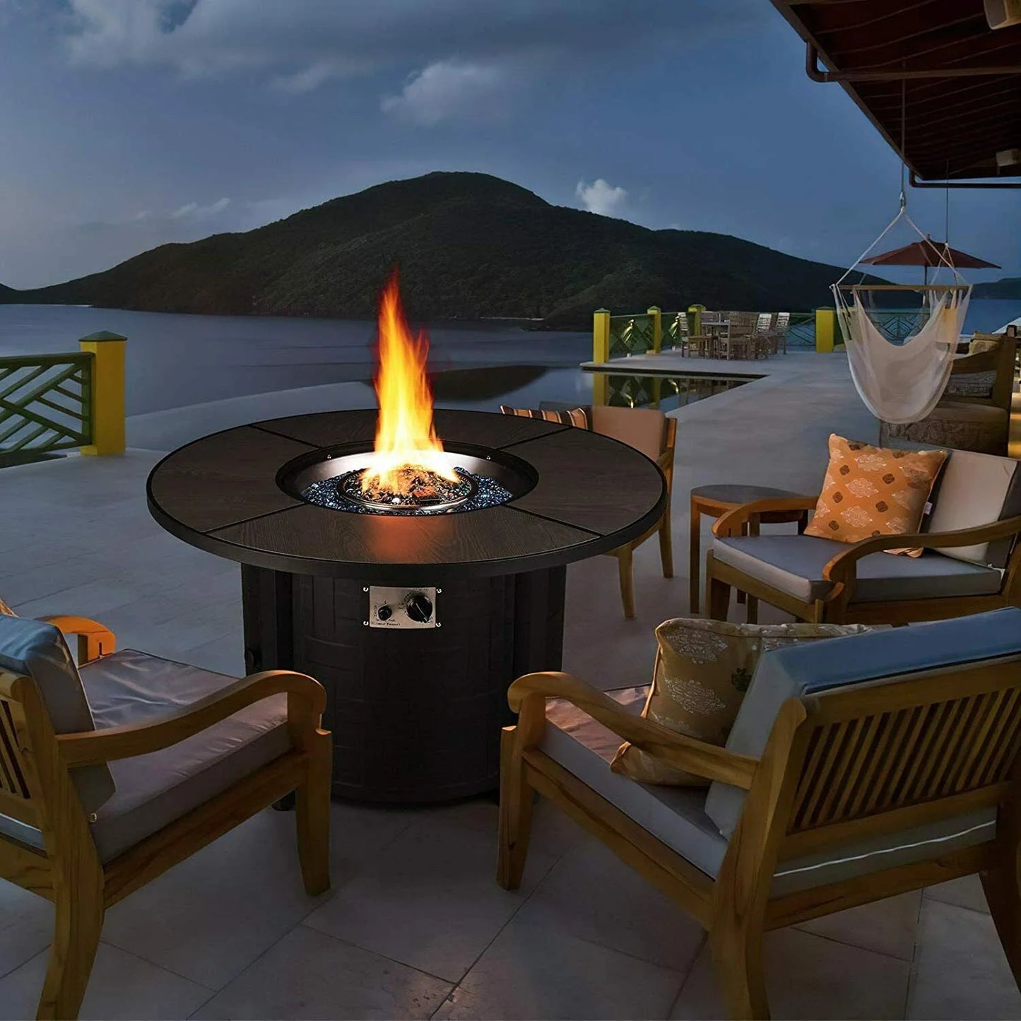 HOMFY 42" Propane Fire Pit Table 50,000 BTU Round Table Stove Patio Fireplace with Blue Glass Rocks and Rain Cover