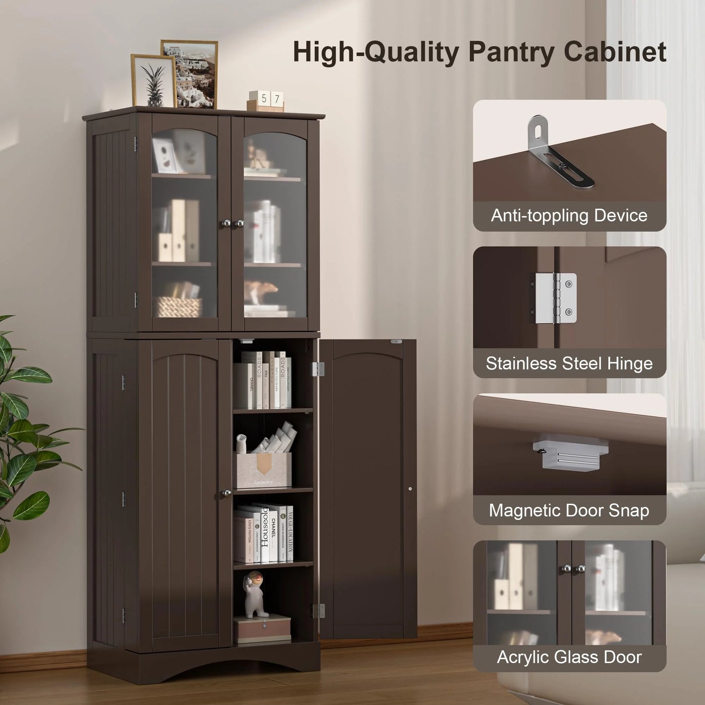 Kitchen Cabinet, Lofka 64" Kitchen Pantry Storage Cabinet with Frosted Glass Doors and 14 Shelves, Dark Brown