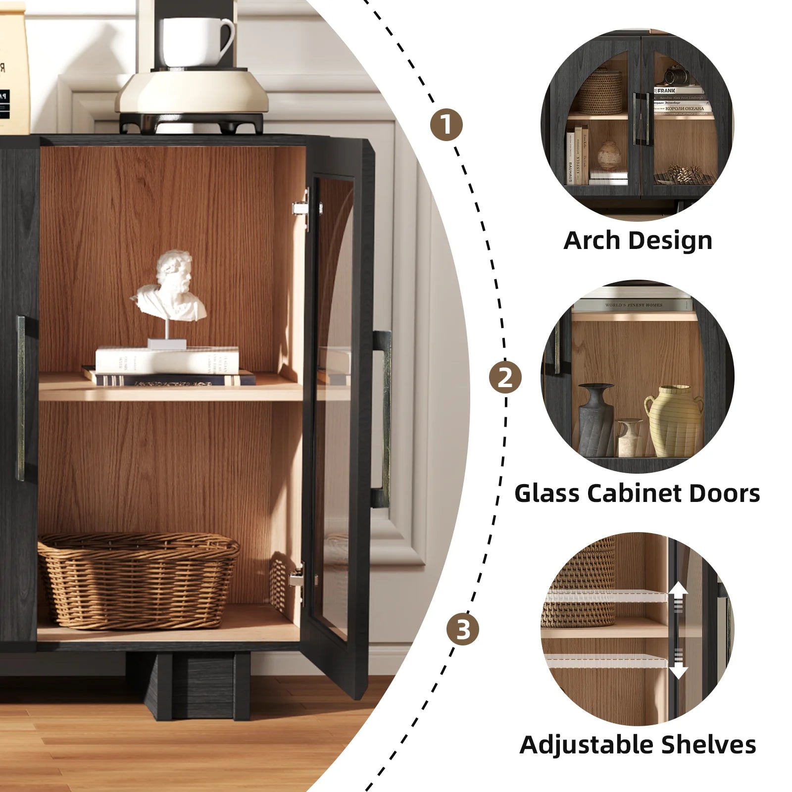 JOINICE Modern Accent Cabinet with Adjustable Shelves and Arched Glass Door,Buffet Cabinet with Storage,for Living Room,Dining Room,Entryway,Hallway,Black