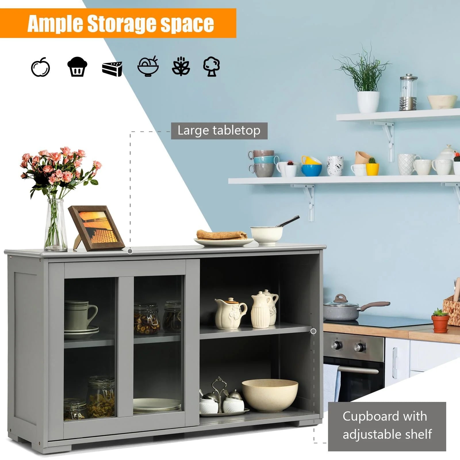 Giantex Stackable Buffet Cabinet, Kitchen Storage Cabinet with Sliding Tempered Glass Doors, Small Sideboard for Kitchen, Dining Room or Living Room, Grey