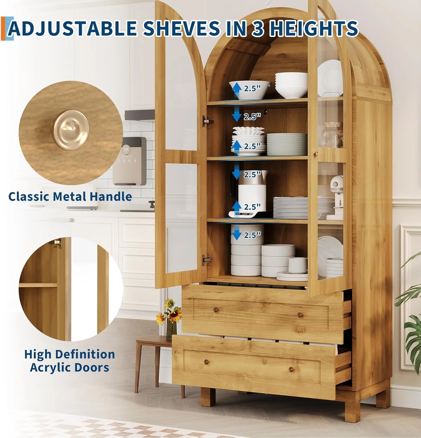 Litake 71" Tall Arched Bookshelf, Modern Bookcase with 2 Drawers, Glass Door and Adjustable Shelf, Wooden Display Cabinet, Versatile Bookshelf Kitchen Storage Pantry for Living Room, Bedroom- Natural