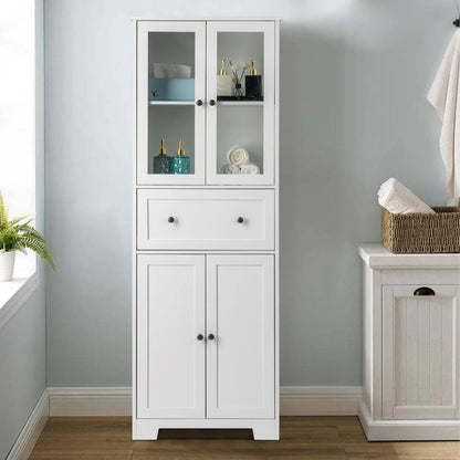 Ktaxon 64" Tall Bathroom Storage Cabinet Organizer, Freestanding Kitchen Pantry Cabinet Line Tower with 2 Glass Doors, Large Drawer & 4 Adjustable Shelves for Dining Room Living Room Home Office,White