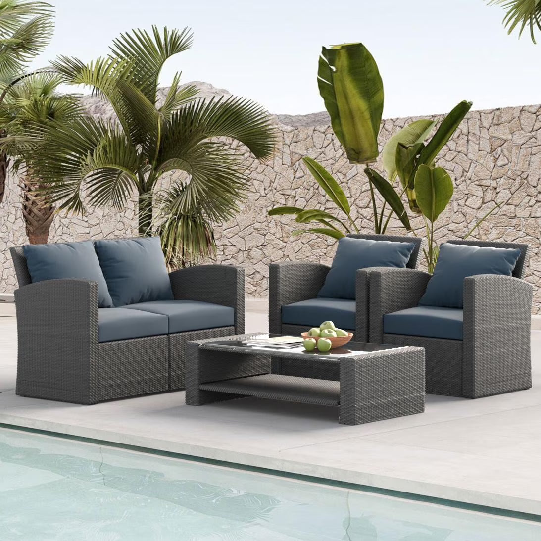 7 Piece Patio Furniture Sets Outdoor Sectional PE Rattan Outdoor Furniture Patio Conversation Set with Cushions and Glass Coffee Table, for Balcony Lawn and Garden, Gray
