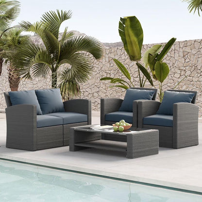 7 Piece Patio Furniture Sets Outdoor Sectional PE Rattan Outdoor Furniture Patio Conversation Set with Cushions and Glass Coffee Table, for Balcony Lawn and Garden, Gray
