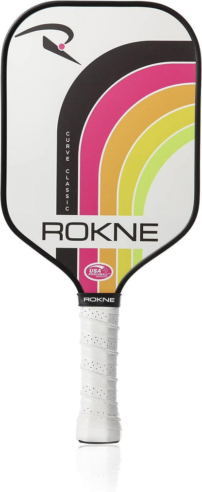 Rokne Curve Classic Fiberglass Pickleball Paddle Long Handle Racket with Pro Grit Texture and Cover, Storm