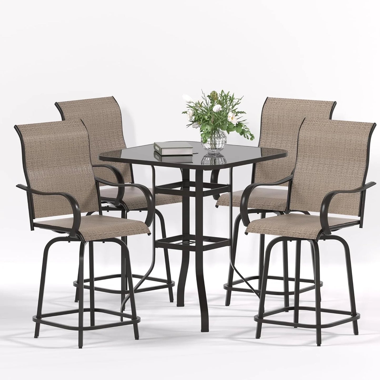 Poteban Patio Bar Height Table with Umbrella Hole, 2-Tier High Top Outdoor Bistro Table, Square Tempered Glass Metal Table for Patio, Lawn, Bar